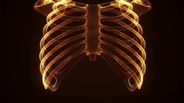 Glowing particle rib cage shimmers in frontal anatomical view against a dark background