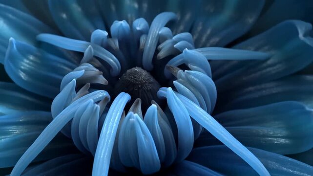 Blue flower petals slowly unfurling around a dark center in an extreme macro view