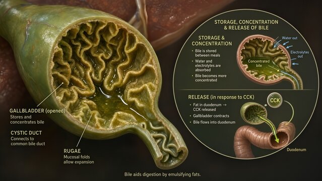 Gallbladder model opened showing the rugae and cystic duct with a zoomed inset depicting the storage and concentration of bile and its release in response to cholecystokinin