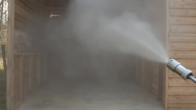 Water nozzle sprays a fine mist inside an unfinished wooden shed outdoors