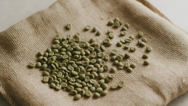Raw green coffee beans resting in burlap sack material