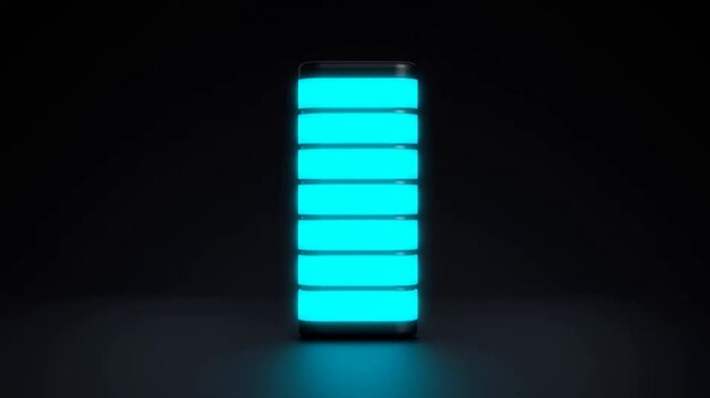 Segmented cylindrical device illuminates with expanding cyan bands on a dark reflective surface