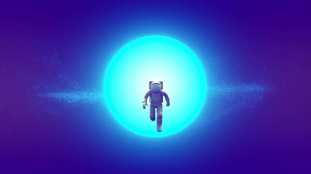 Astronaut Floating Before a Glowing Cyan Sphere in a Purple Particle Filled Space