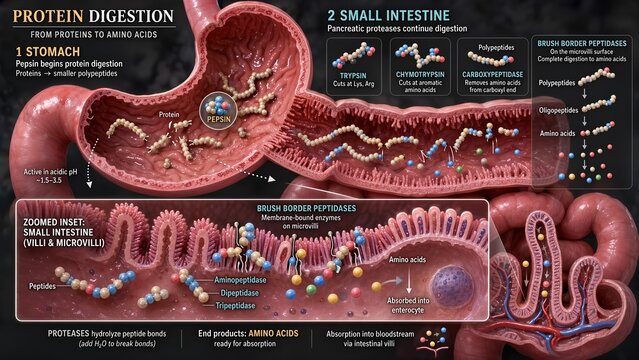 Small intestine model showing protein digestion: pepsin in the stomach, pancreatic proteases and brush border peptidases in the small intestine, breaking down proteins into amino acids