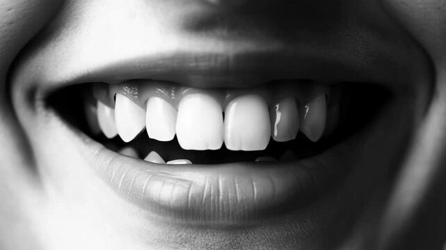 Close-up of a person opening their mouth to reveal teeth in monochrome