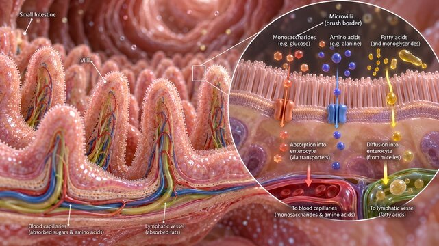 Small intestine model with villi and microvilli brush border increasing surface area for nutrient absorption with zoomed inset showing uptake of monosaccharides amino acids and fatty acids