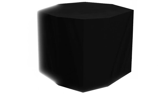 Black cube transforms into a hexagon and an octagon against a pure white background under studio lighting.