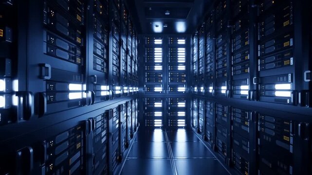 Illuminated Server Racks Along a Reflective Data Center Corridor