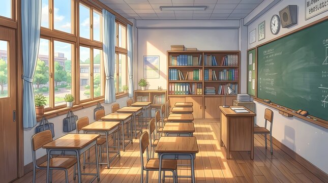 Empty anime style classroom with sunlight