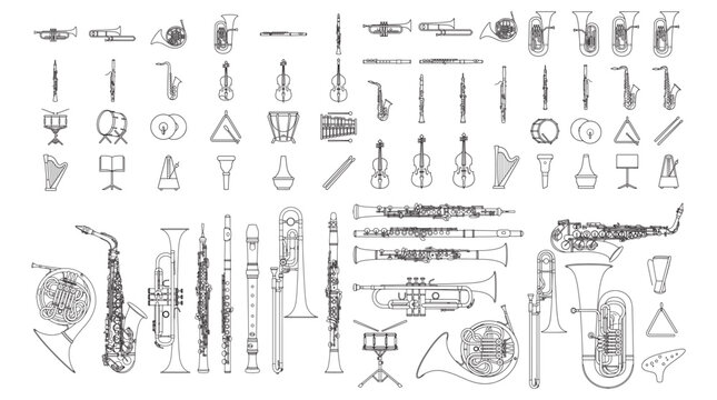 Collection of Orchestral and Band Musical Instruments Line Art Illustration Set for Music Design