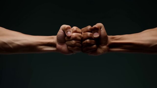 Two Clenched Fists Move Together and Meet in a Solidarity Gesture Against a Dark Background