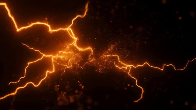 Glowing orange electrical arcs spread and pulse across a dark background with drifting particles