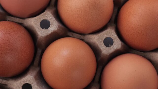 Close-up rotating shot of fresh brown chicken eggs
