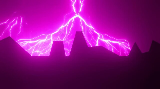 Purple Lightning Flickers Behind a Dark Geometric Skyline in an Abstract Stormy Atmosphere