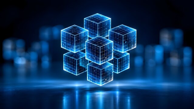 Floating cluster of glowing blue wireframe data cubes above a reflective floor representing modular cloud storage and blockchain core architecture