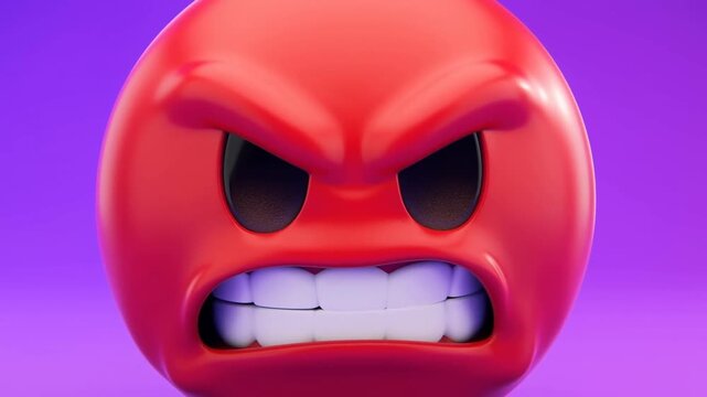 Angry red emoji face moves closer while baring clenched teeth against a purple background