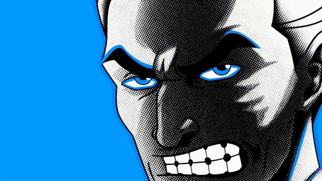 Stylized comic male face shifts expression against bright blue background in high contrast pop art animation