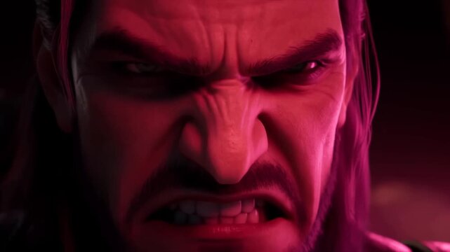 Long-haired bearded man glares and bares his teeth under dramatic red lighting in darkness