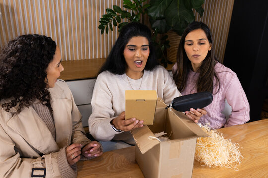 Female friends unpacking parcel at dining table, inspecting brown box and black zippered case