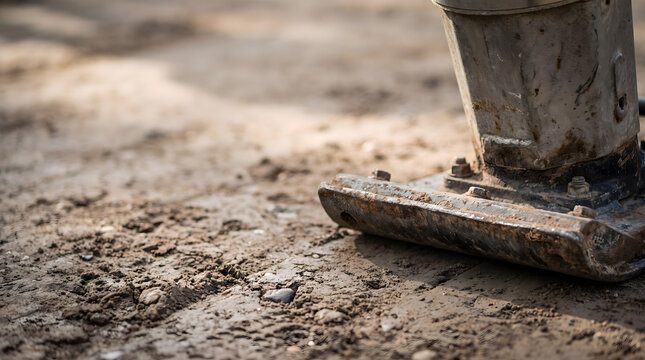 Atmospheric commercial photography of soil compaction plate ground with soft natural illumination, clean modern composition, and spacious negative area for website banners and corporate presentations