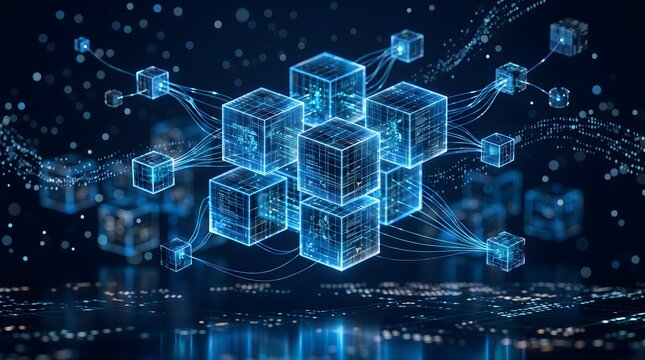 Interconnected glowing blue wireframe cubes with data streams representing blockchain architecture, decentralized ledger network, distributed computing