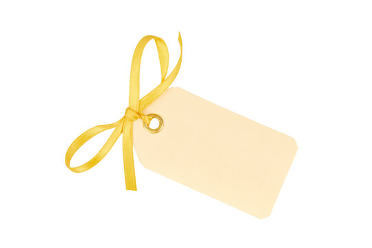 blank christmas gift card or name tag with golden ribbon bow knot isolated on white or transparent png