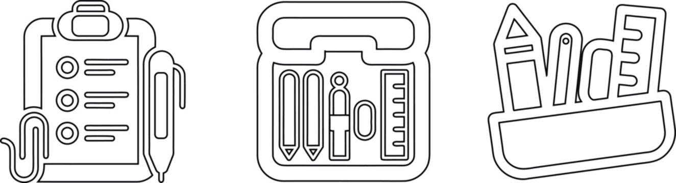 Vector line art set of clipboard checklist stationery box pencil case and pen holder icons isolated on white background