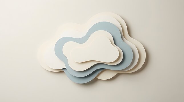 Abstract flowing ribbon like layers in pastel shades of blue and white against a neutral background