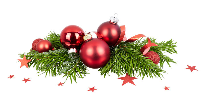 christmas decoration with red balls, ribbon and fir tree twigs isolated on white or transparent png
