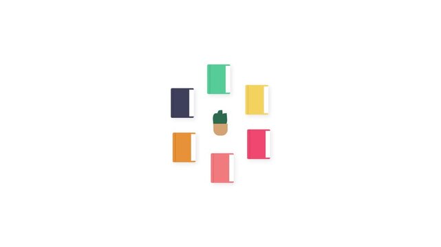 Colorful Books Arranged in Circle Around Small Potted Plant, Represents Knowledge and Growth, Minimalist Graphic Design