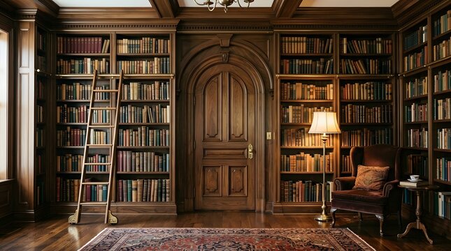 Classic wooden library interior with bookcases