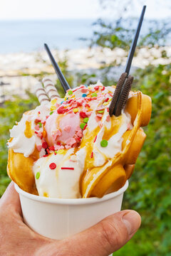 Close Up Bubble Waffle Ice Cream Cup Outdoors