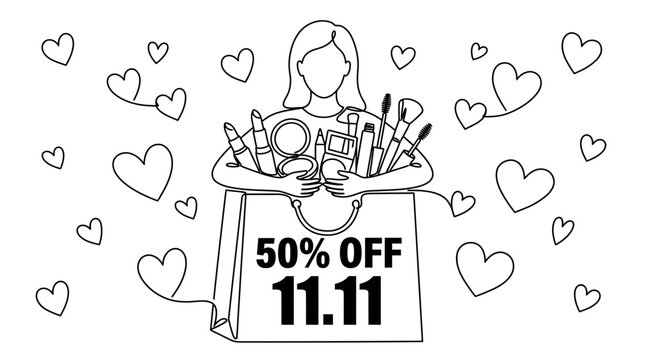 Continuous line art illustration of a woman holding various cosmetic products and a shopping bag with a 50 percent off 11.11 sale offer, surrounded by floating hearts for beauty shopping theme
