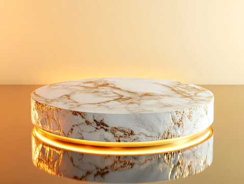 A round white marble pedestal with intricate gold detailing, placed on a sleek mirrored surface. Warm ambient lighting creates a golden halo, enhancing the modern luxury style.