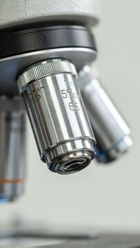 Professional laboratory microscope for scientific research and medical analysis. Modern equipment for biology experiments, cell observation, and biotechnology studies on bright background.
