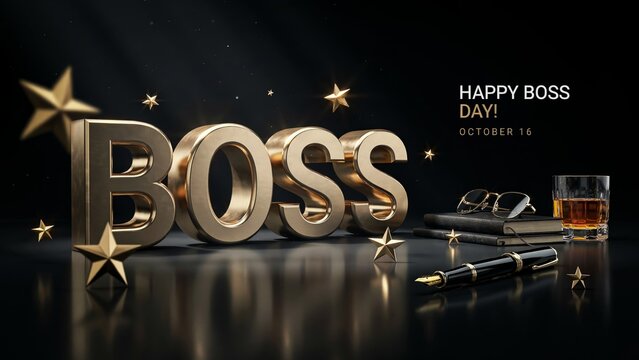 Luxury Happy Boss Day Greeting Banner with Golden Typography, 3D Boss Text with Stars and Executive Office Desk Background
