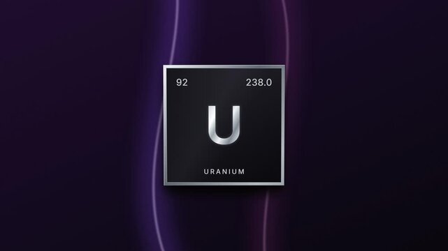 Uranium element periodic table silver plaque on a purple background