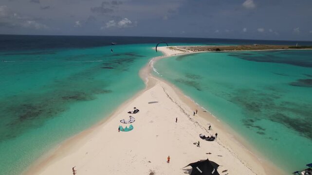 Aerial view of kite surfers on a sandbar in the Los Roques archipelago, Los Roques, Dependencias Federale, Venezuela.