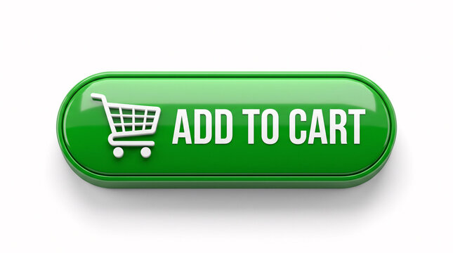 3D green add to cart button with shopping cart icon, glossy e-commerce UI element