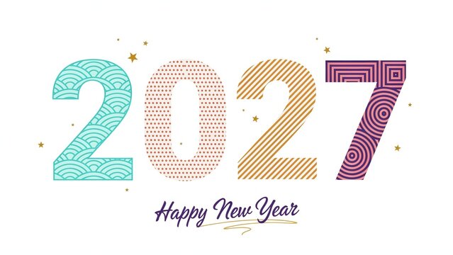 Colorful 2027 happy new year typography design, modern geometric patterns number 2027 banner, festive holiday celebration background