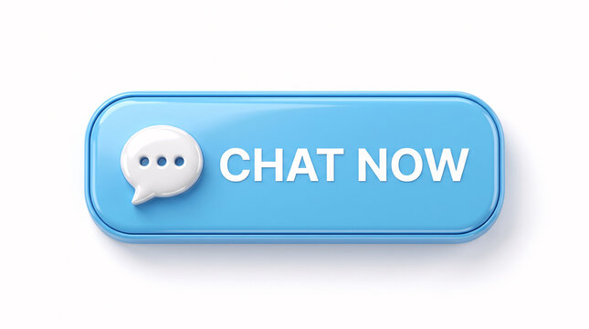 Light blue chat now button with speech bubble icon, customer support UI element