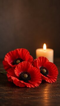 Red poppies and burning candle on dark wooden background, Remembrance Day and Veterans Day memorial concept with copy space
