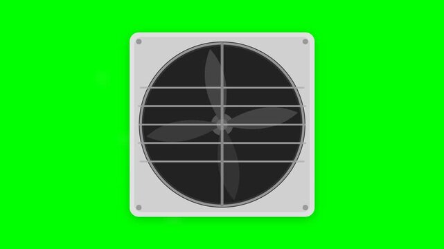Industrial Exhaust Fan with Spinning Blades and Suction Steam on Chroma Key Green Background