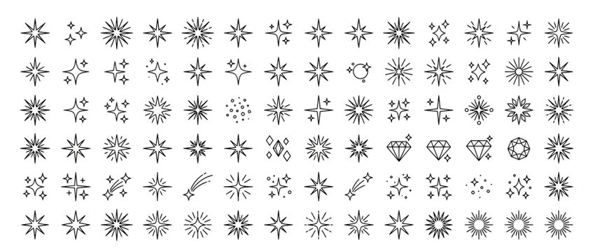 Hand-Drawn Sparkle Icons Set Isolated on Transparent Background