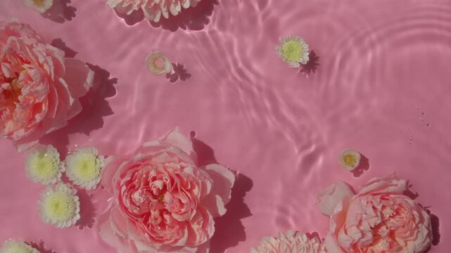 Rose and gerbera flowers swim in water texture on pink background