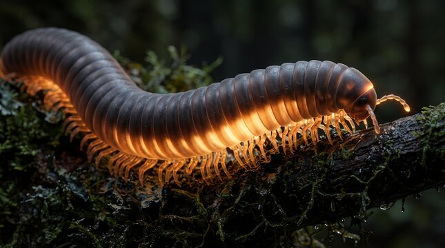 Glowing glass millipede crawls along a mossy branch against a dark blurred forest background.   