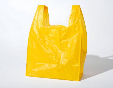Yellow plastic shopping bag with handles on white background.