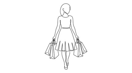 Fototapeta premium Minimalist continuous line drawing of an elegant woman in a dress walking and carrying several shopping bags, concept of retail therapy, fashion consumerism, and modern lifestyle shopping.