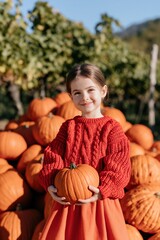 Obraz premium Young girl with red sweater holding pumpkin autumn harvest portrait for fall wallpaper background