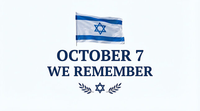 An Israeli flag waves at the top of a white background above bold dark blue text "OCTOBER 7" and "WE REMEMBER," with dark blue wreath-like branches flanking a Star of David below.